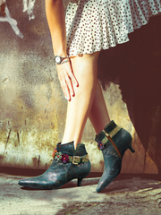 SOFFIA |Green Washed Floral Deco Genuine Leather Bootie Kitten Heel Ankle Boots