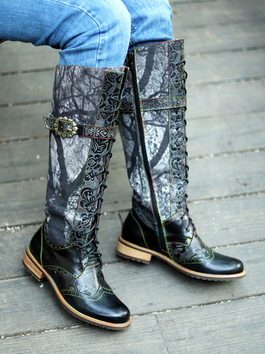 Soffia | Genuine Leather Black Forest Tie-Accent Boho High Boots Knee Boots