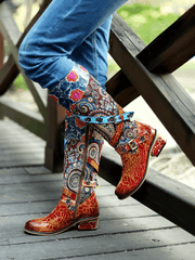 Soffia | Floral Tie-Accent Leather Vintage Knee High Boots