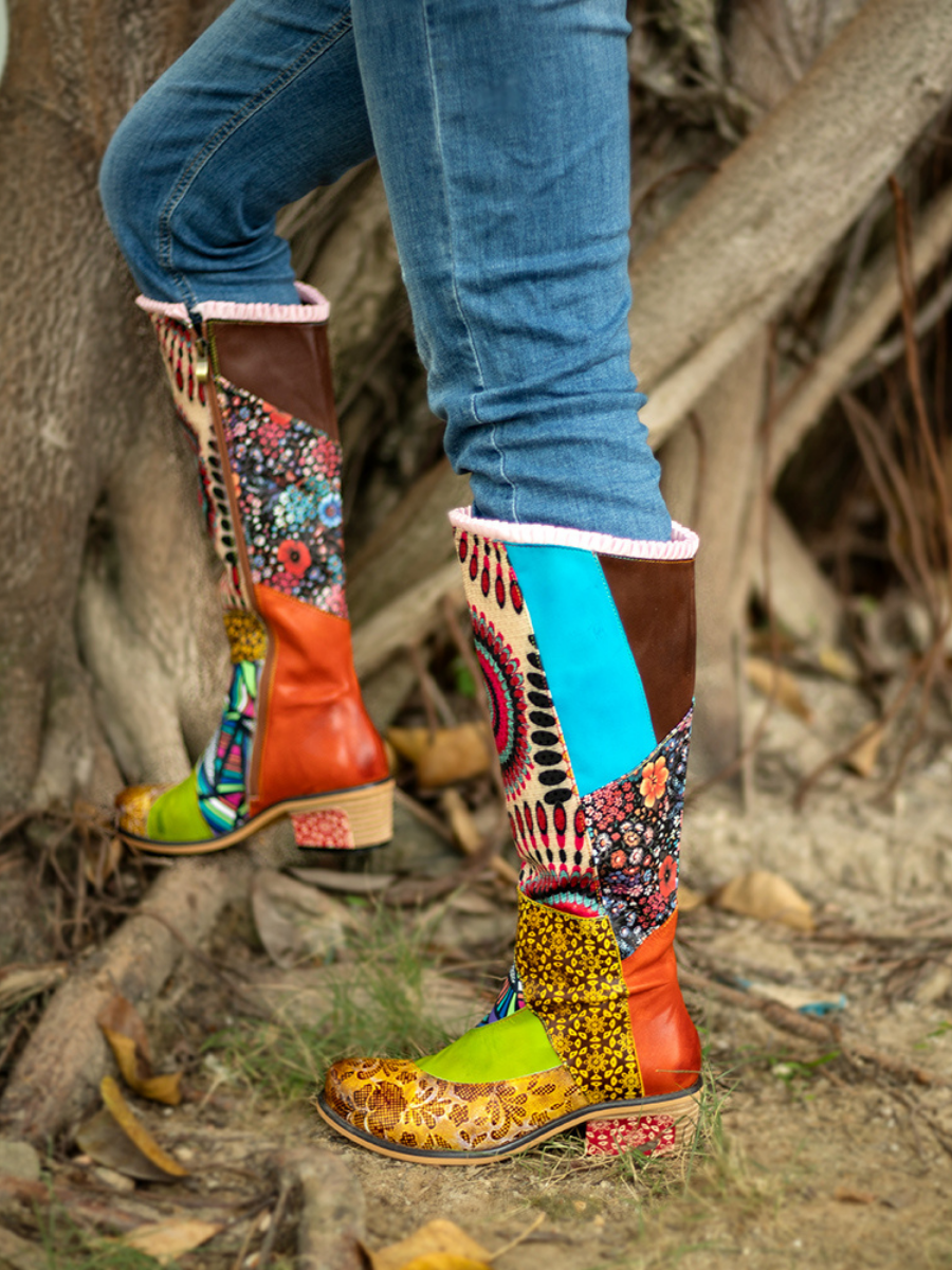 Soffia | Ethnic Floral Tie-Accent Leather Vintage Knee High Boots