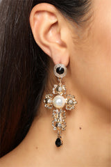 Faux Pearl Metal Cross Shape Drop Earrings