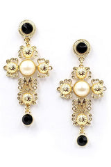 Faux Pearl Metal Cross Shape Drop Earrings