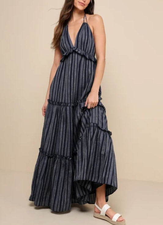 Vacay Babe Navy Blue Striped Halter Maxi Dress