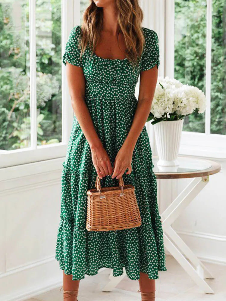 Vestidos Vintage Vintage Print Puff Sleeve summer Beach sweet dresses Casual Square collar floral maxi long dress 2024 festa