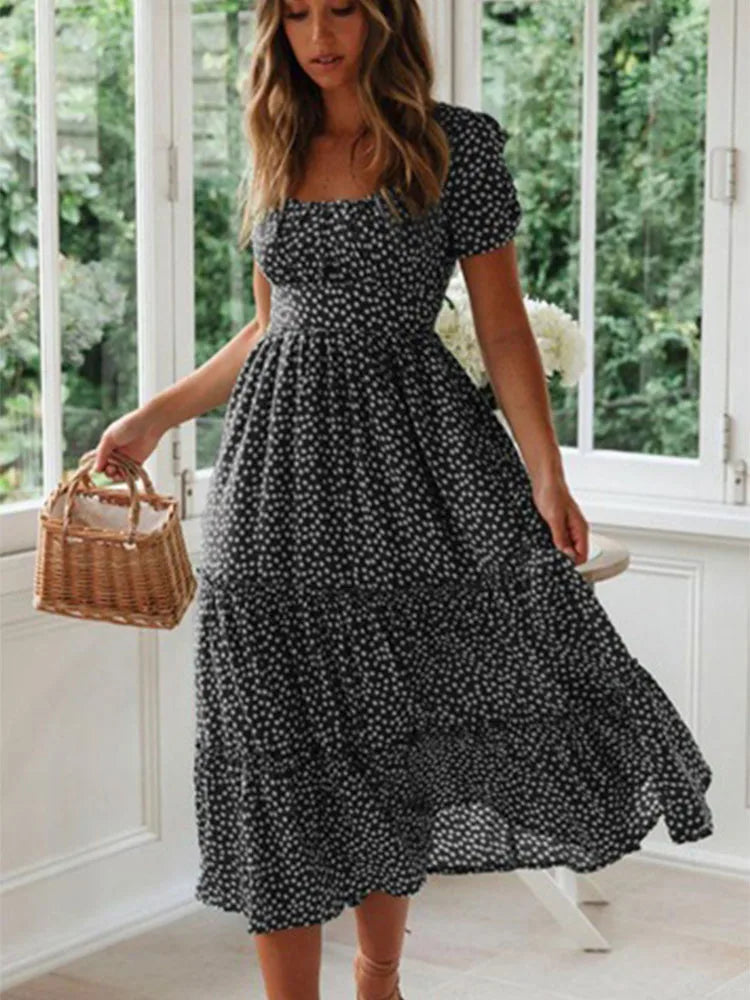 Vestidos Vintage Vintage Print Puff Sleeve summer Beach sweet dresses Casual Square collar floral maxi long dress 2024 festa