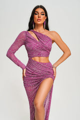 Vicky Purple One Shoulder Slit Cut Out Maxi Dress