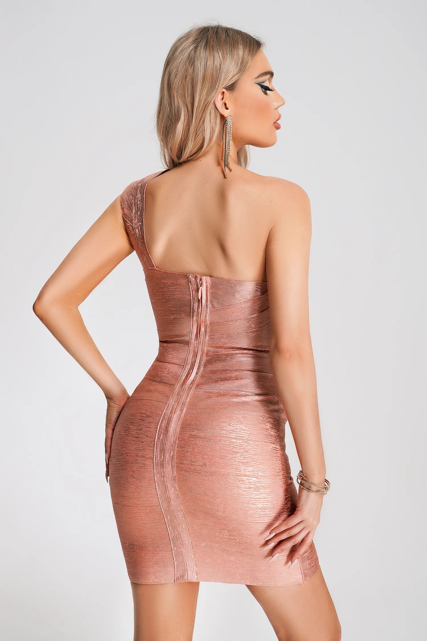 Viv Rose Gold One Shoulder Bandage Mini Dress