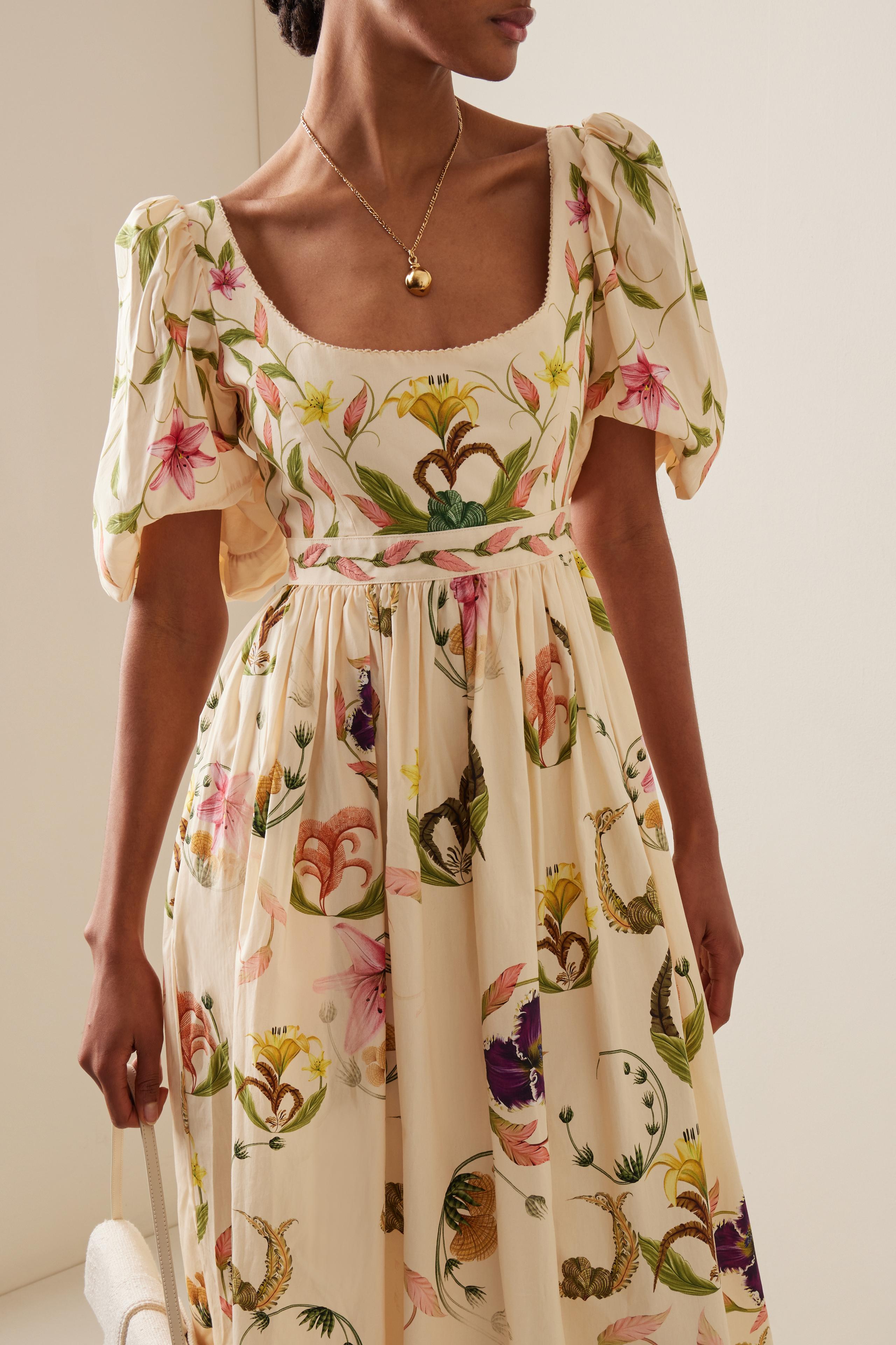 Floral Embroidery Puff Sleeve Square Collar Midi Dress