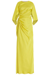 Satin Ruched Cape Sleeve Split Maxi Dress