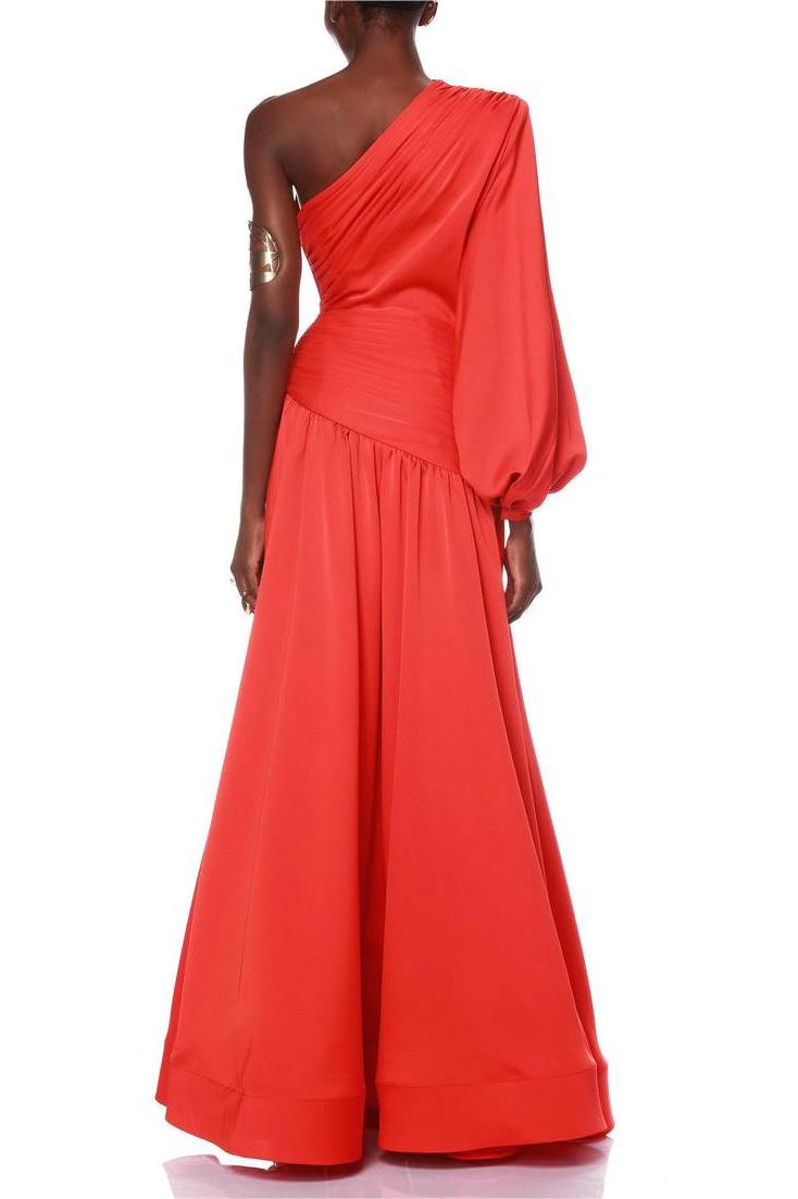 Satin Pleat One-Shoulder Long Sleeve Maxi Dress