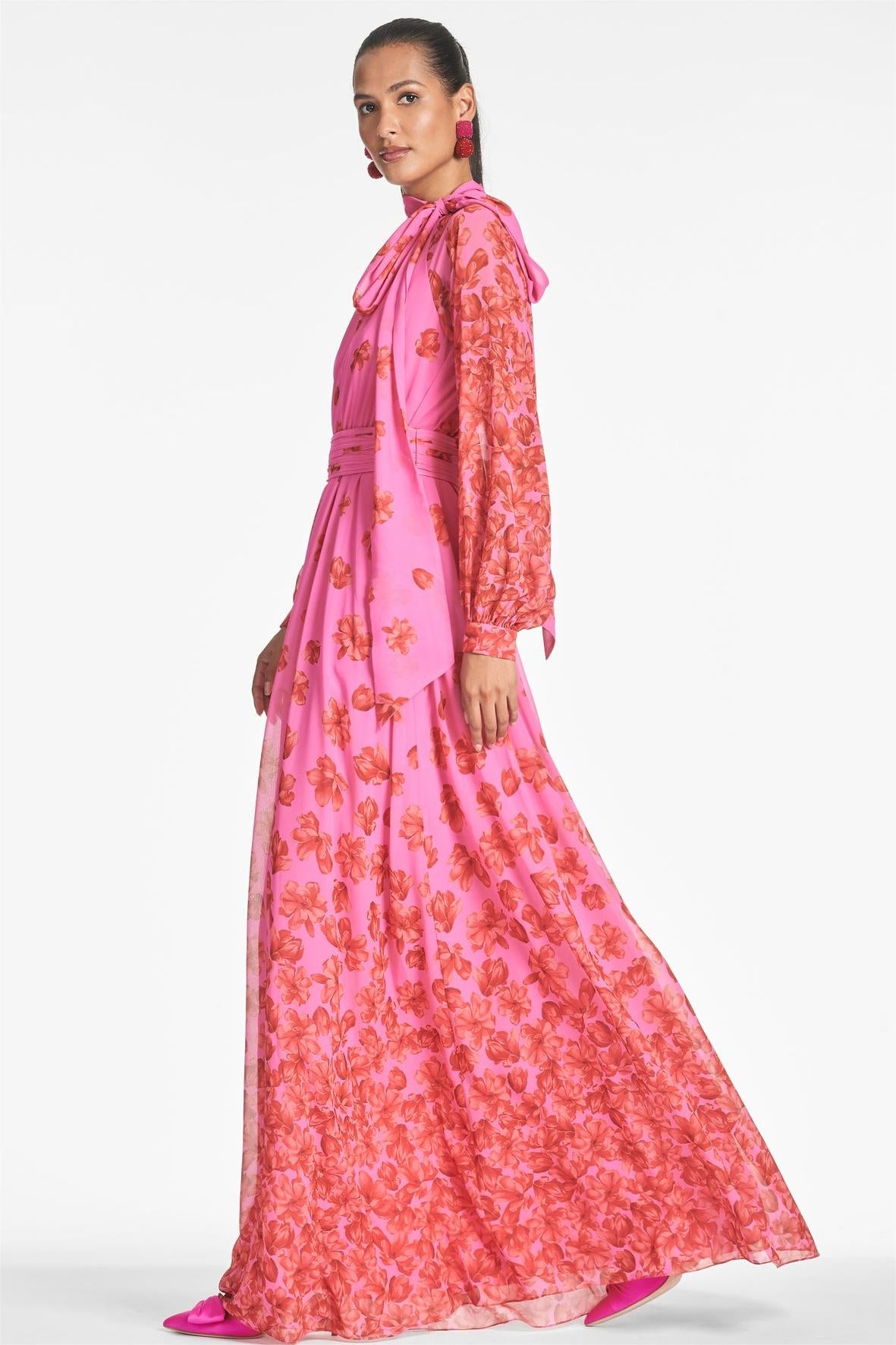 Floral Lantern Sleeve Lace Up Maxi Dress