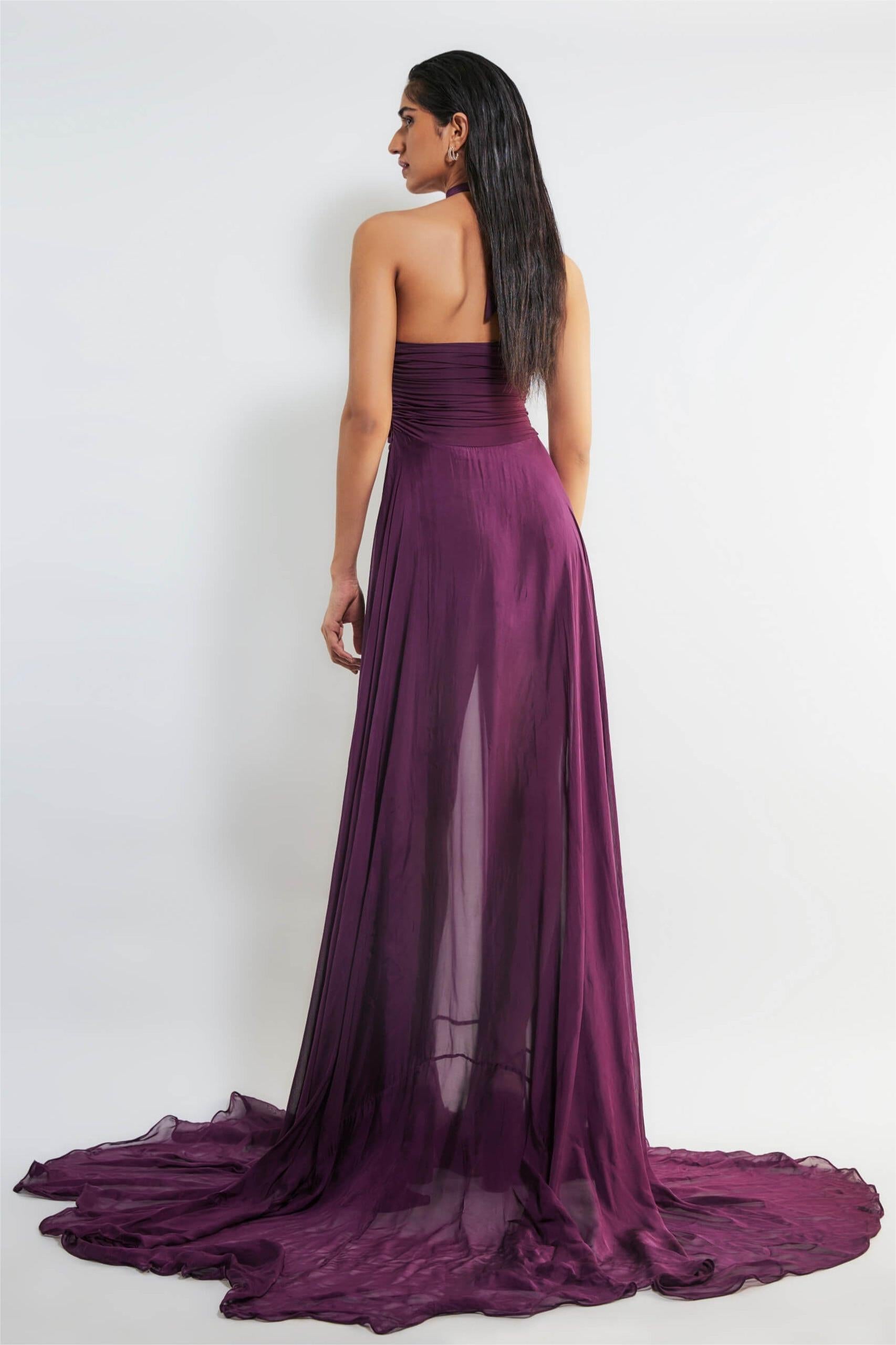 Solid Halter Neck Ruched Maxi Dress