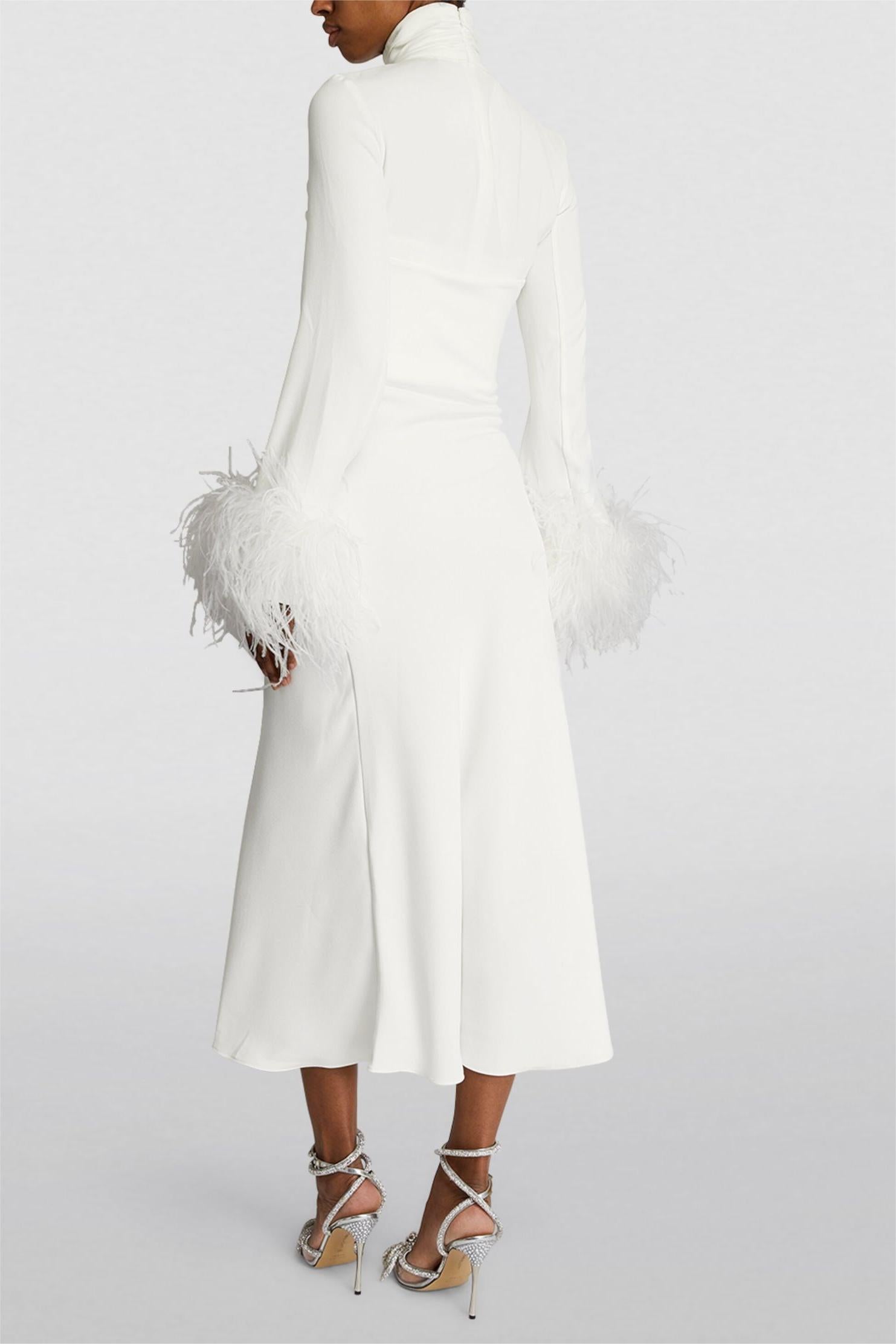 Feather Solid High Neck Midi Dress