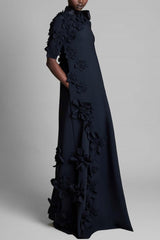 3D Flower Lace Up Mid Sleeve Maxi Dress