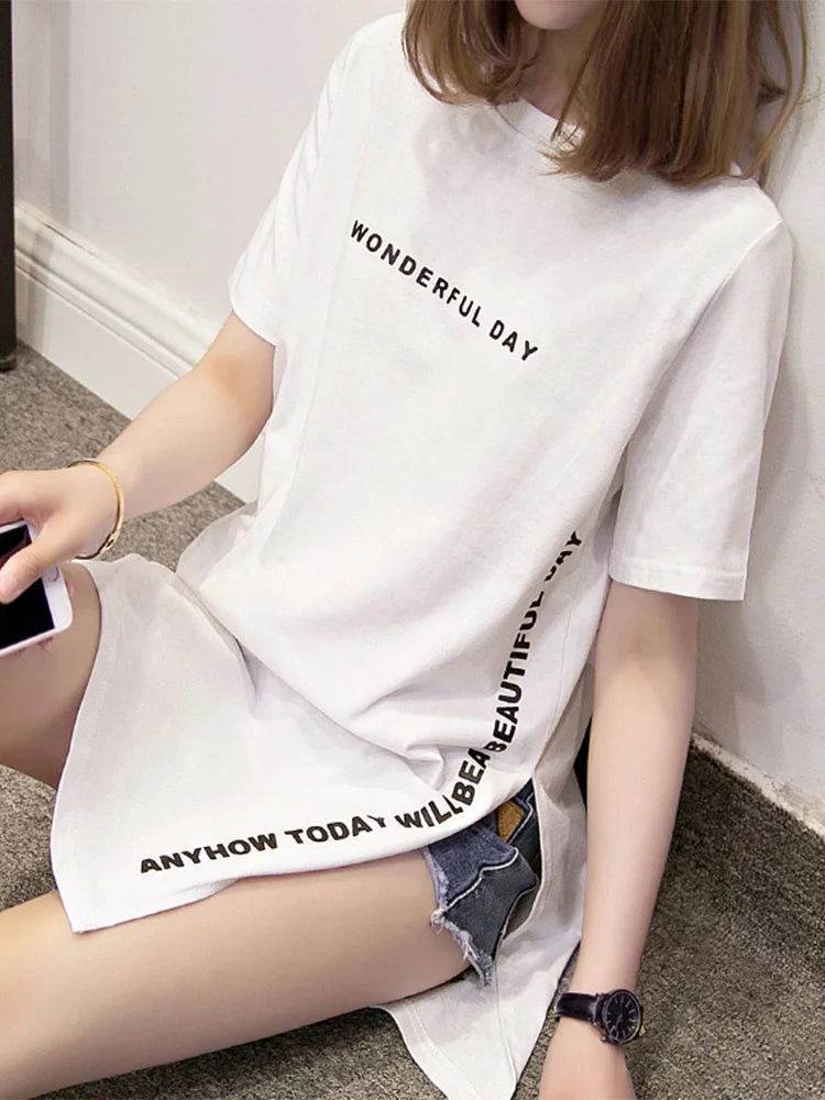 WONDERFUL DAY Print Long T shirts Summer Women Loose Slit Femme Tops Cotton Tshirt Short sleeve Ladies t-shirt