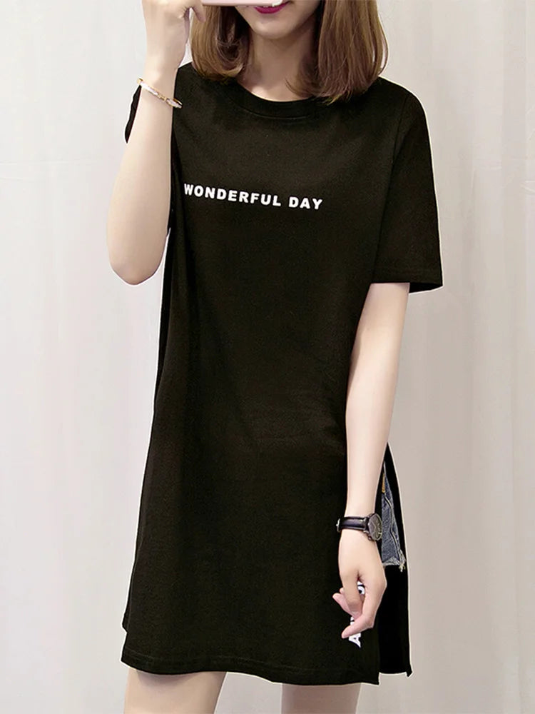 WONDERFUL DAY Print Long T shirts Summer Women Loose Slit Femme Tops Cotton Tshirt Short sleeve Ladies t-shirt