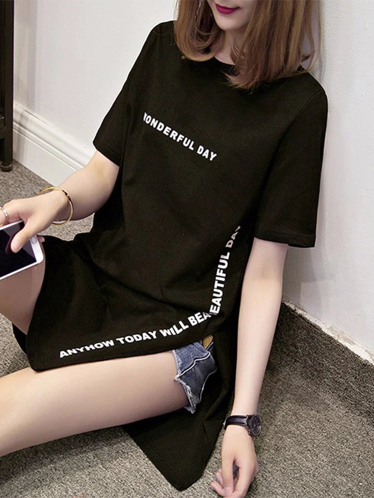 WONDERFUL DAY Print Long T shirts Summer Women Loose Slit Femme Tops Cotton Tshirt Short sleeve Ladies t-shirt