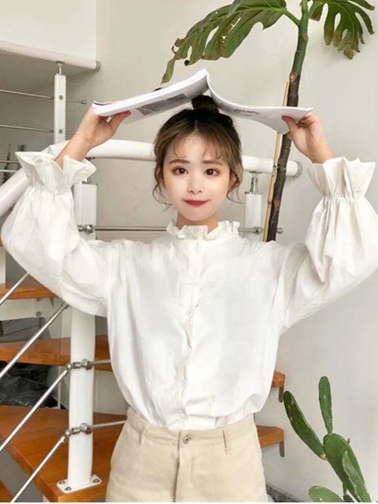 White Blouse Women Shirts Harajuku Clothes Womens Tops and Blouses All Match Flare Sleeve Korean Style New Fashion Ulzzang Chic