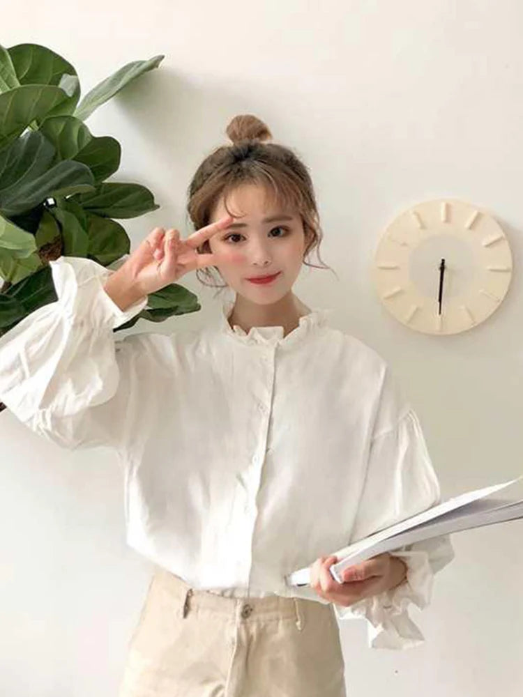 White Blouse Women Shirts Harajuku Clothes Womens Tops and Blouses All Match Flare Sleeve Korean Style New Fashion Ulzzang Chic