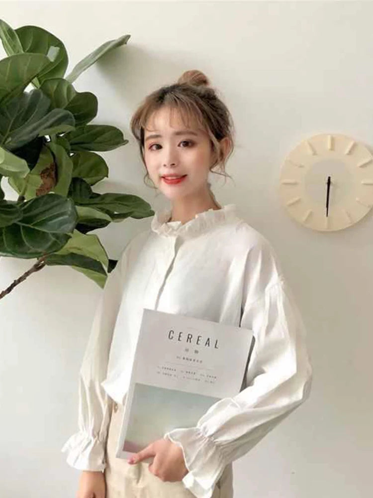 White Blouse Women Shirts Harajuku Clothes Womens Tops and Blouses All Match Flare Sleeve Korean Style New Fashion Ulzzang Chic