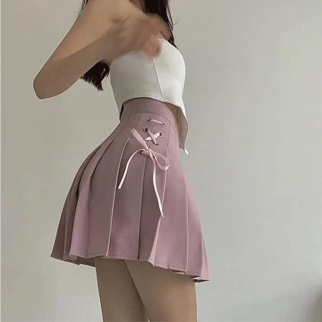 White Lace Up Women Pleated Skirts Summer Clothing Zipper Girls Dancing JK Mini Skirts Black Fashion Student Cute A-line Skirt