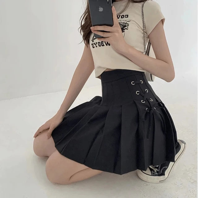 White Lace Up Women Pleated Skirts Summer Clothing Zipper Girls Dancing JK Mini Skirts Black Fashion Student Cute A-line Skirt