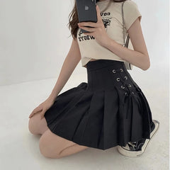 White Lace Up Women Pleated Skirts Summer Clothing Zipper Girls Dancing JK Mini Skirts Black Fashion Student Cute A-line Skirt