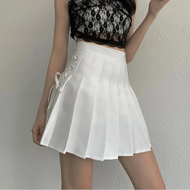 White Lace Up Women Pleated Skirts Summer Clothing Zipper Girls Dancing JK Mini Skirts Black Fashion Student Cute A-line Skirt