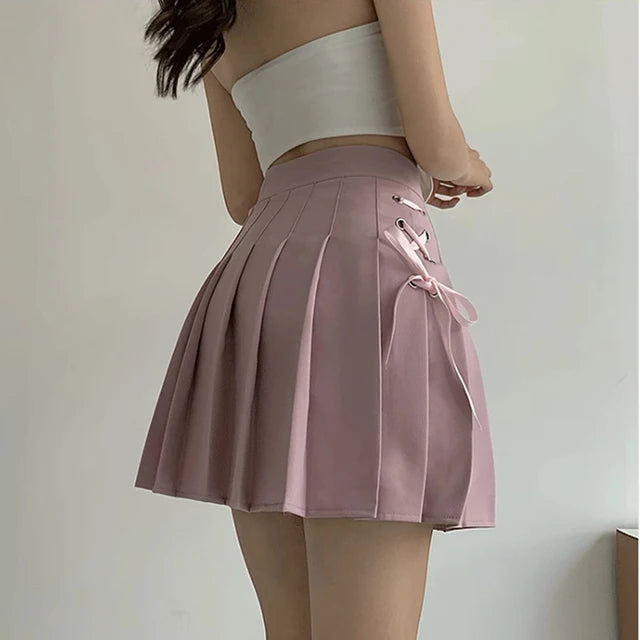 White Lace Up Women Pleated Skirts Summer Clothing Zipper Girls Dancing JK Mini Skirts Black Fashion Student Cute A-line Skirt