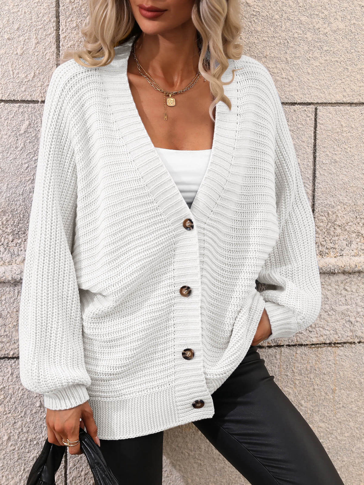 BUTTON UP OVERSIZED KNIT CARDIGAN - WHITE