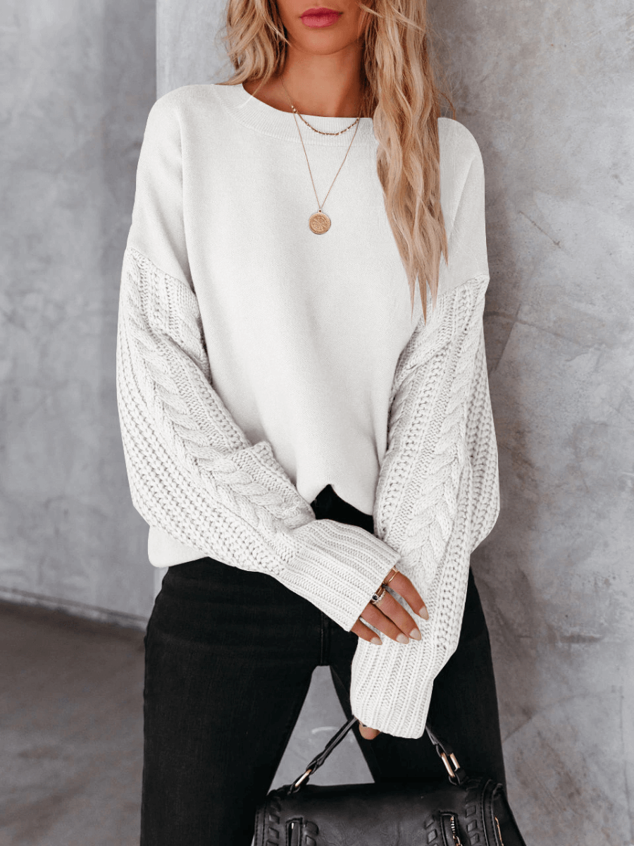 BRAIDED SLEEVE KNIT SWEATER - WHITE