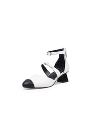 JadyRose | Genuine Leather  Block Color Equilateral Trapezoid Heeled Sandal - Cream