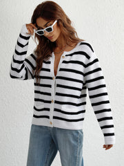 STRIPE POCKET BUTTON UP KNIT CARDIGAN - WHITE