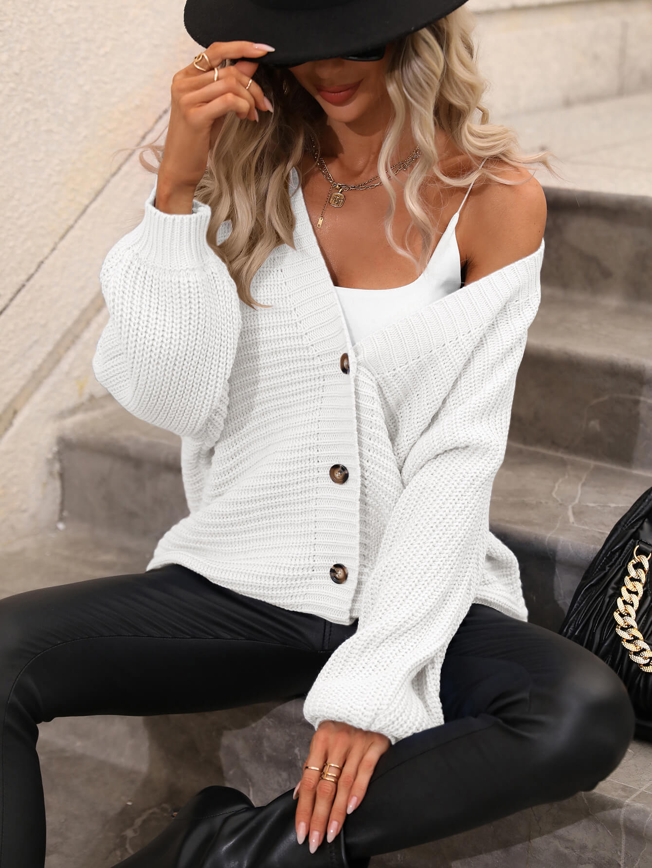 BUTTON UP OVERSIZED KNIT CARDIGAN - WHITE