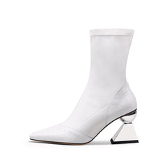 JADY ROSE | BLOCK HEEL CROC PATTERN LEATHER SOCK BOOT - WHITE