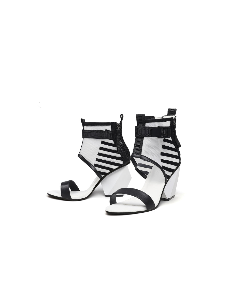 JadyRose | NOTEPAD Mesh Upper Leather Heel Sandals - White