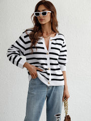 STRIPE POCKET BUTTON UP KNIT CARDIGAN - WHITE