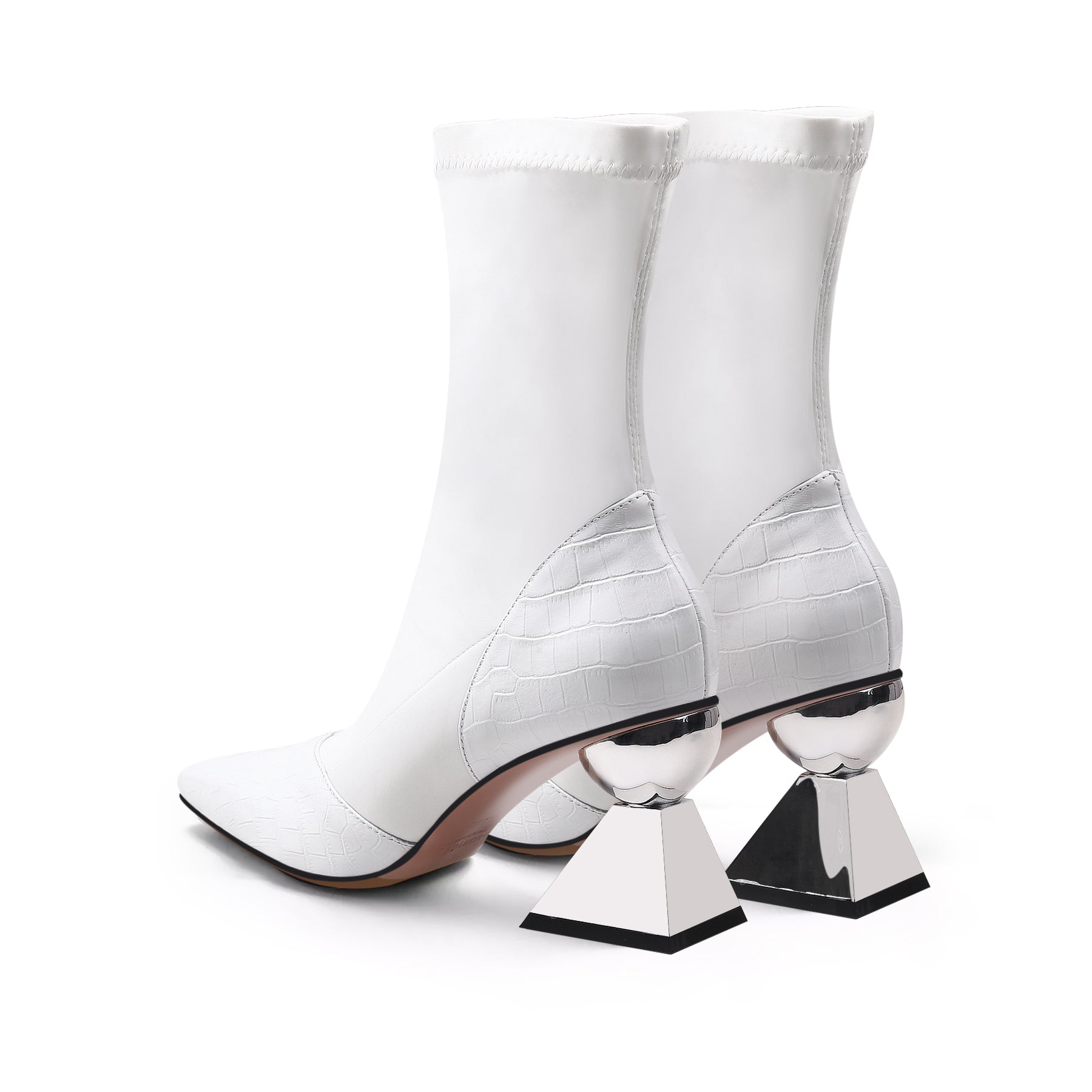 JADY ROSE | BLOCK HEEL CROC PATTERN LEATHER SOCK BOOT - WHITE