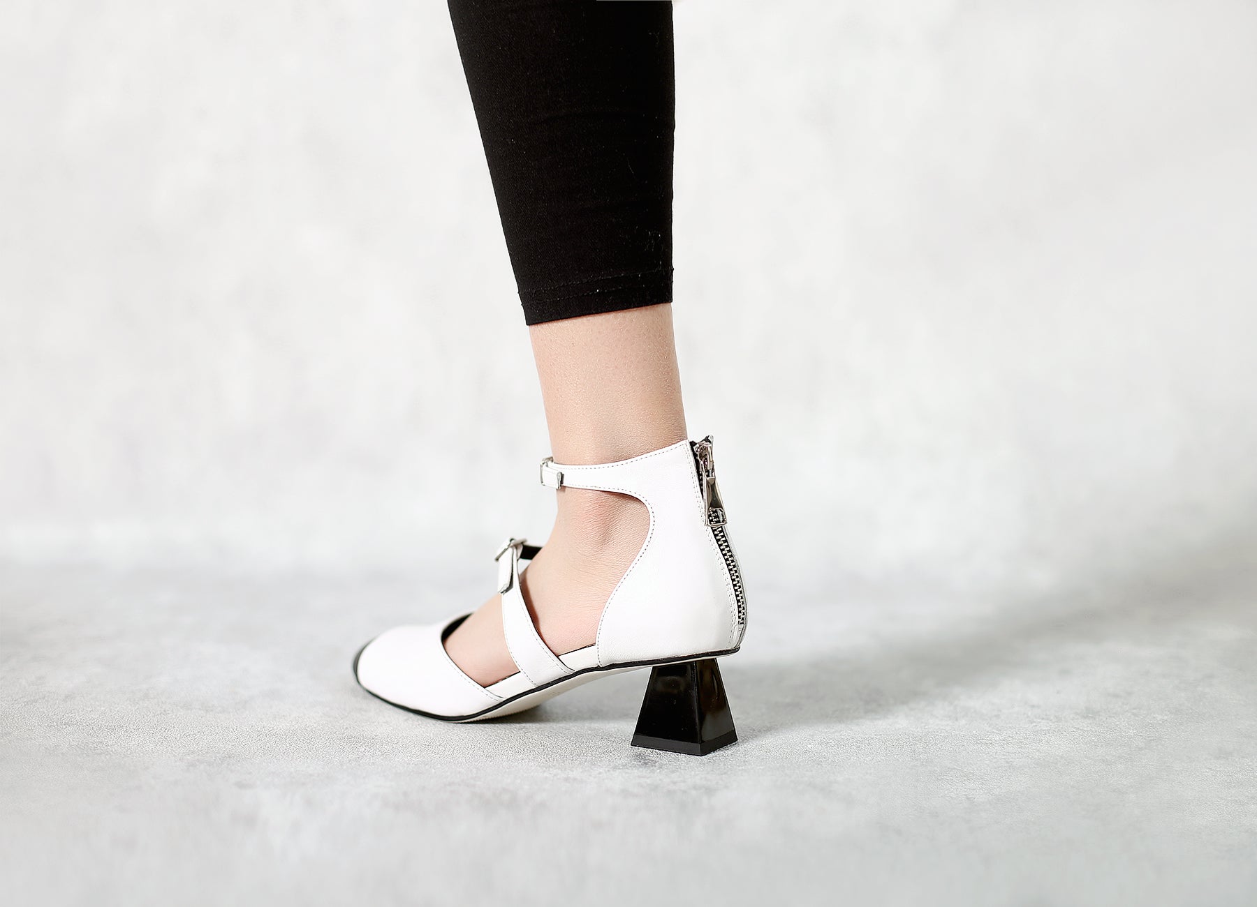 JadyRose | Genuine Leather  Block Color Equilateral Trapezoid Heeled Sandal - Cream