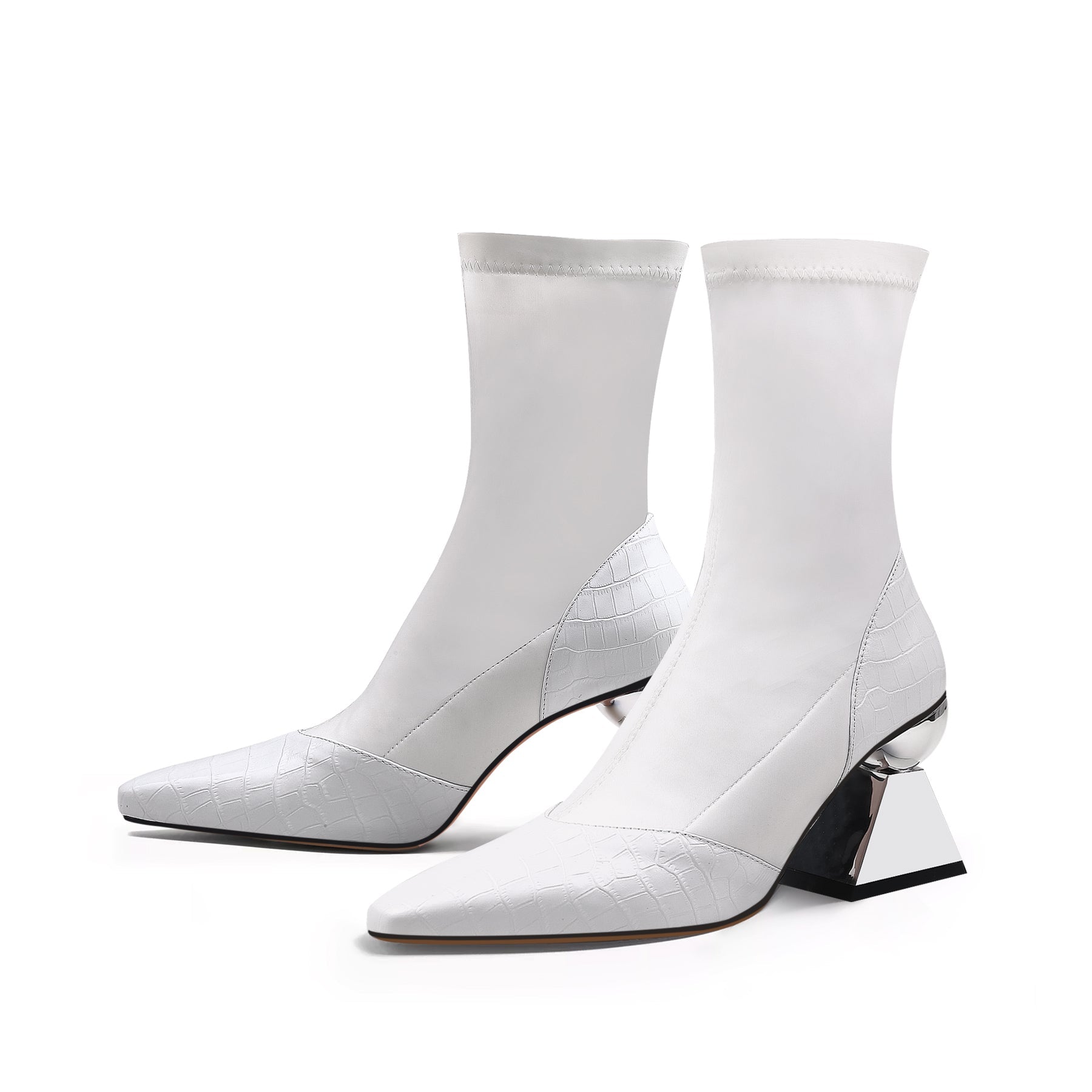 JADY ROSE | BLOCK HEEL CROC PATTERN LEATHER SOCK BOOT - WHITE