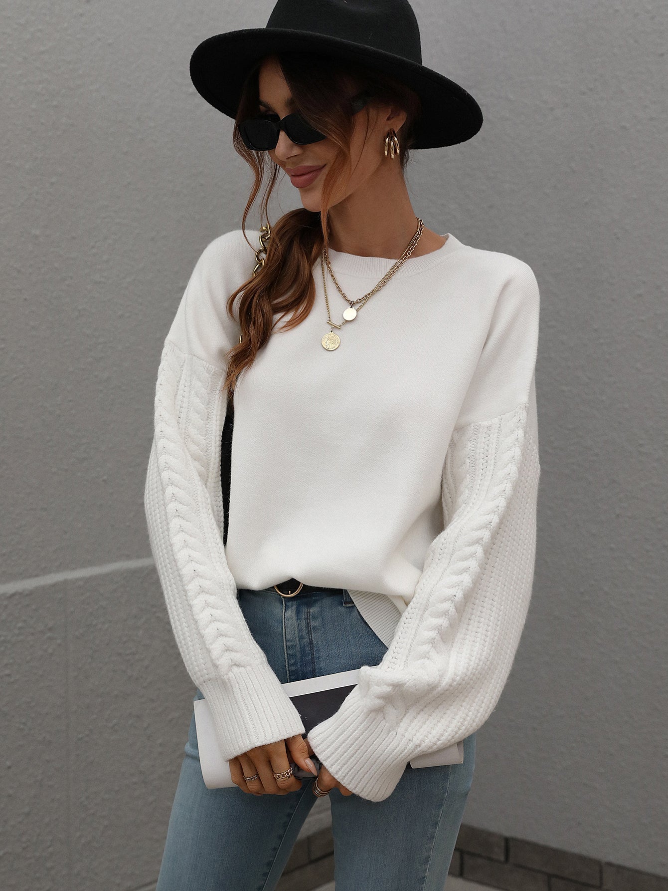 BRAIDED SLEEVE KNIT SWEATER - WHITE