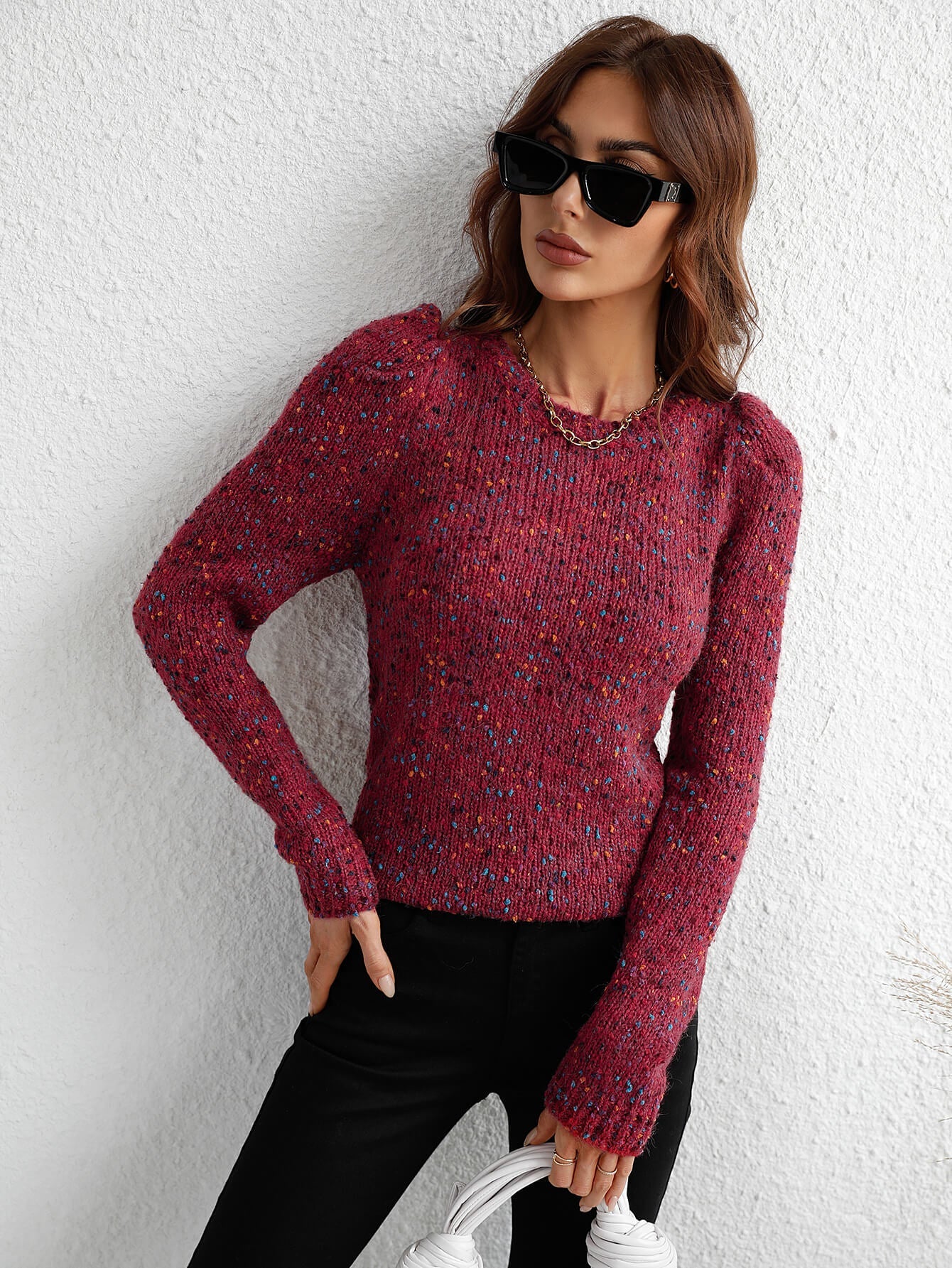 GAGA SHRUG SHOULDER KNIT TOP - WINE