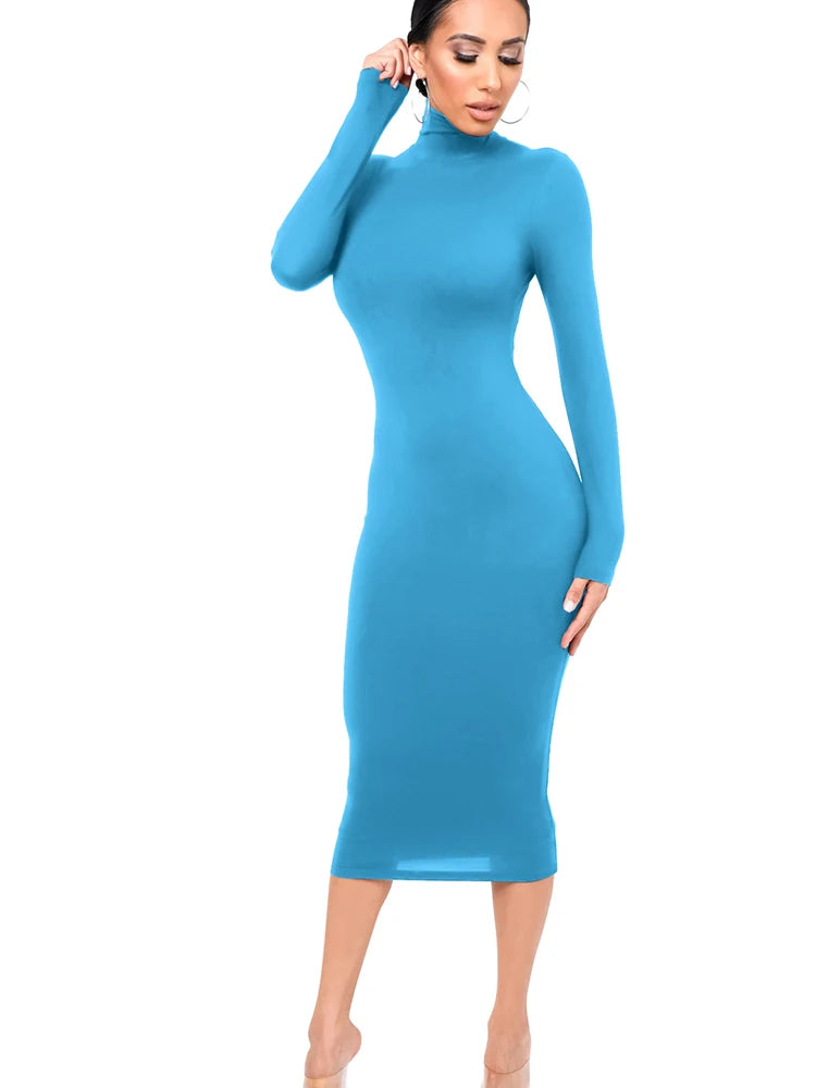 Winter Black Turtleneck Sexy Women Dress Autumn Long Sleeve Skinny Midi Boydcon Casual Blue Plush Knee-Length Party Club