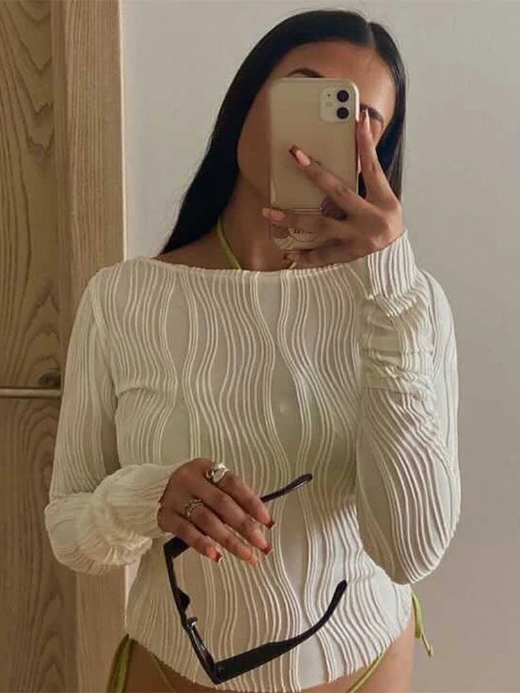 Woman Fashion Casual Ruched Long Sleeve T-shirt Blouses Female White Skinny Cropped Bottoming Shirt 2024 Autumn Y2K Top Clothes