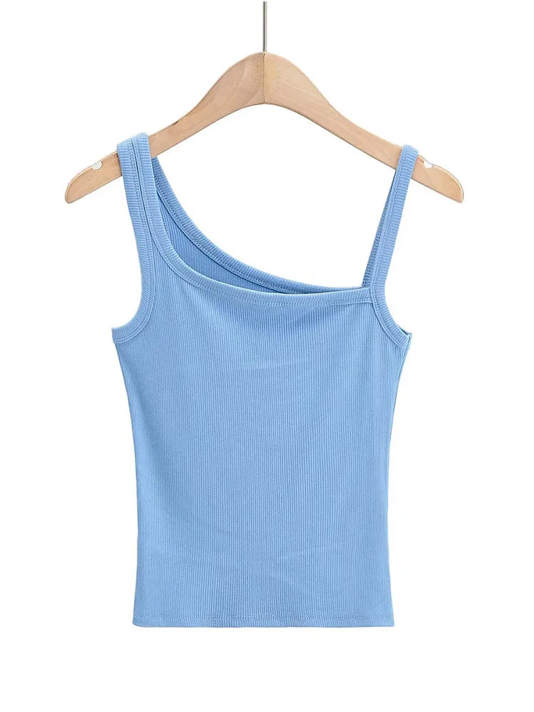 Women 2024 Summer Solid Irregular Shoulder Tank Top Sling Sleeveless Hollow Out Sexy Basic Knit Camis