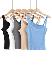 Women 2024 Summer Solid Irregular Shoulder Tank Top Sling Sleeveless Hollow Out Sexy Basic Knit Camis