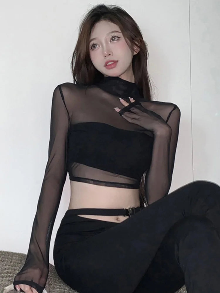 Women Backless Sexy Slim Long Sleeve T Shirt Expose Navel Solid Color Half Turtleneck Tops