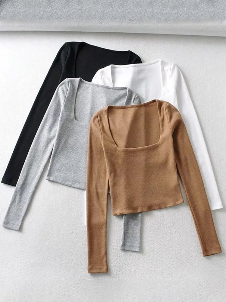 Women Cotton Ribbed Square Neck Crop Top With Long Sleeve