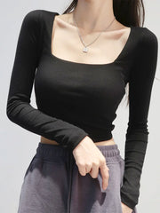 Women Cotton Ribbed Square Neck Crop Top With Long Sleeve