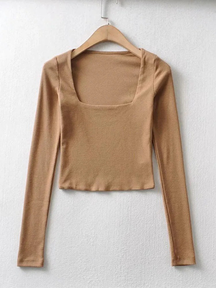 Women Cotton Ribbed Square Neck Crop Top With Long Sleeve